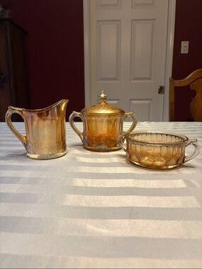 Amber Carnival Glass Creamer, Sugar with Lid, and Open Handled Dish